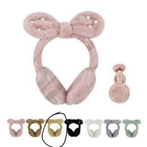 Fluffy Giant Bow Earmuffs/Headband Cute Teddy Bear Brown w/ Faux Pearls NWT!